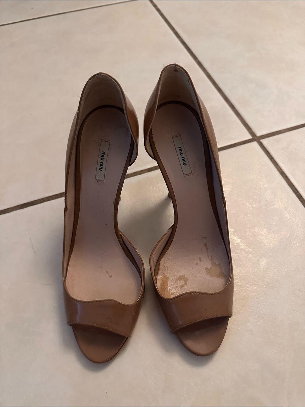 Miu Miu Tan Leather Peep-Toe Heels